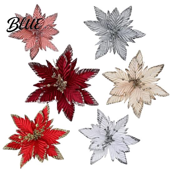 Decorative Christmas Flower Picks Artificial Flowers Handmade Bead Cluster Poinsettia Velvet with Gold