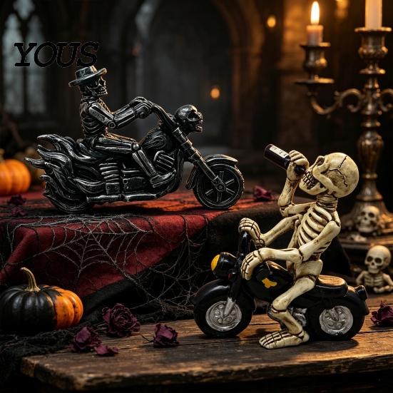 Motorcycle Enthusiast Presents Gothic Skeleton Rider Figurine, Vintage Biker Skull Statue, Figurines Halloween Tabletop Decor Ornament, Gift
