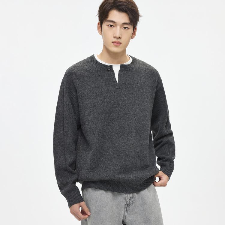 WOOG2005 Grey Henley Neck Men s Knitwear - Autumn/Winter 2025, Loose Fit, Solid Color, Round Neck 3XL