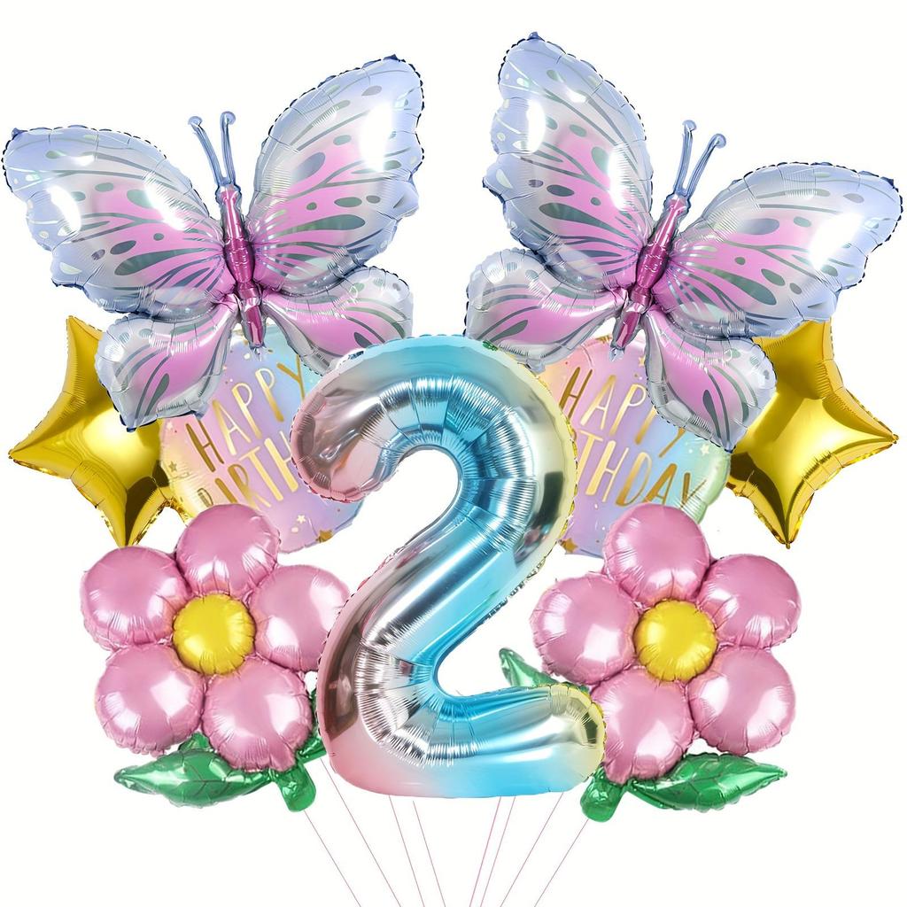 Butterfly & Daisy Star Gradient Foil Balloon Set for Birthday Party Decoration.
