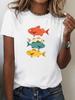 Colorful Fish Pattern T-shirt Casual Short Sleeved Round Neck Top Comfortable Daily Fashion Printed Women's Summer Clothing