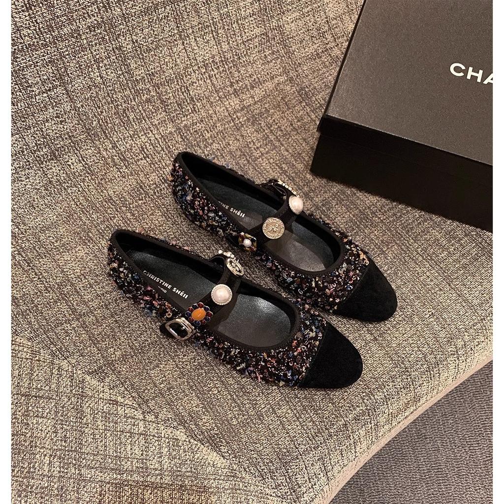 Sheepskin Version of the Same Princess Anne Xiaoxiangfeng Tweed Badge Buckle Mary Jane Single Shoes Women's Banquet Wedding Shoes