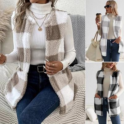 Damen Karierter Offener Cardigan Übergroßer Strickpullover Mantel Lässige Longline Jacke