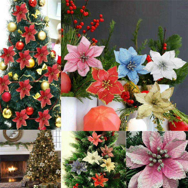 Vibrant 10x Christmas Large Poinsettia Glitter Flower Decorations For Holiday Cheer