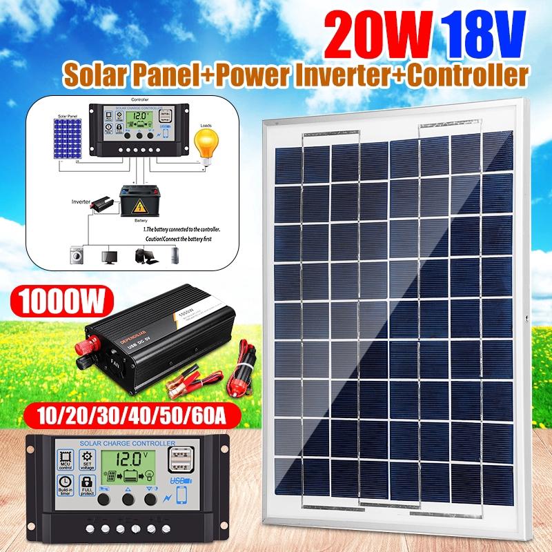 20W Solar Panel System Kit Solar Cell 1000W Modified Sine Wave Power Inverter +10/20/30/40/50/60A Controller for Outdoor
