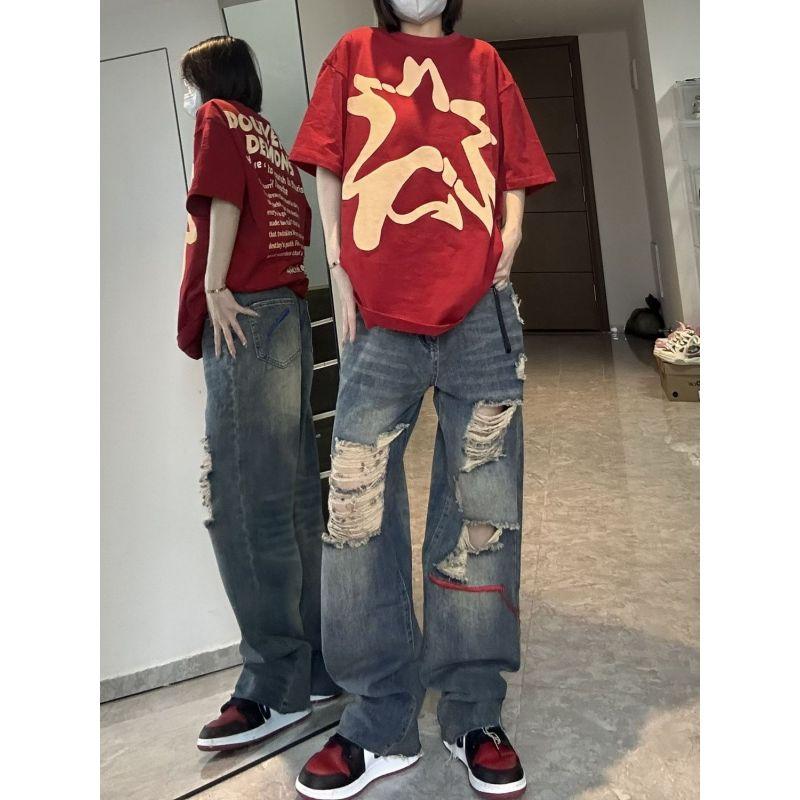 American style high street niche repair ripped jeans male vibe style ripped loose straight couple jeans