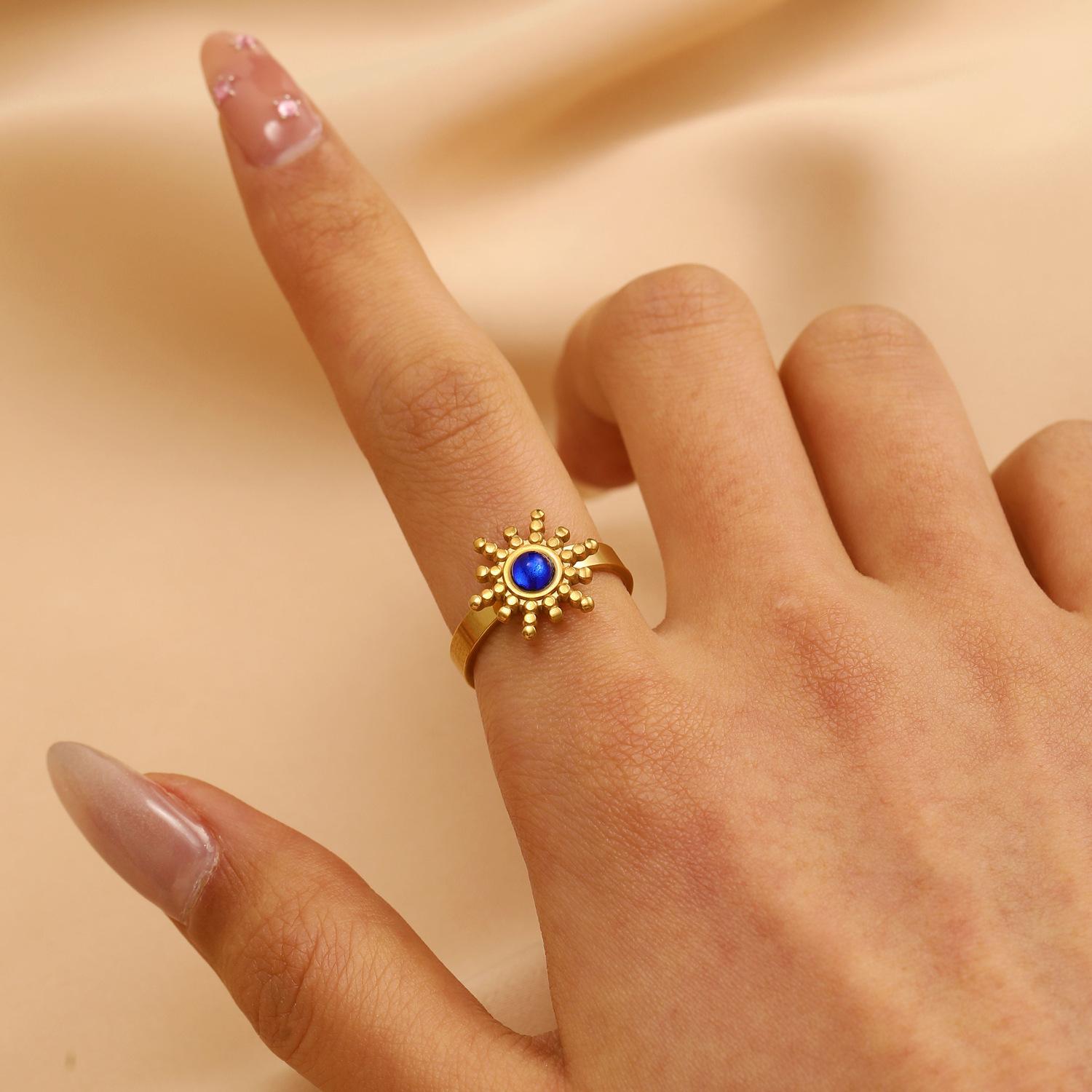 Retro Luxury Gold Tone Colorful Gemstone Flower Hollow Heart Star-Moon Open Rings Women s Stainless Steel Stackable Ring Jewelry