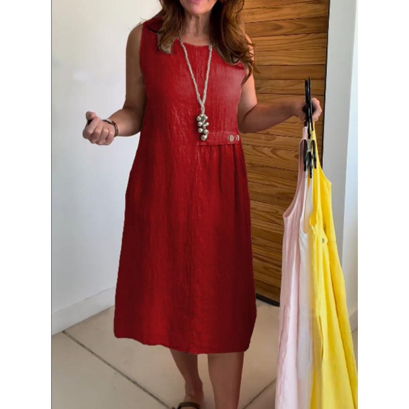 DAFIFY Moda feminina verão primavera cor sólida estampa sem mangas gola redonda cintura solta vestidos casuais