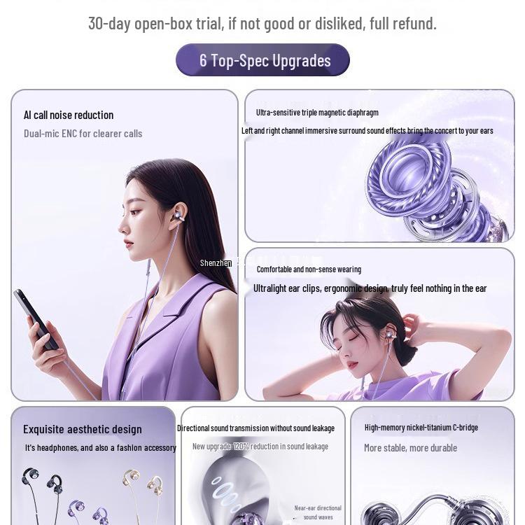 2025 Wired Over-Ear Bone Conduction Earbuds, Clip-On, Type-C, Comfortable Long Wear, High-Fidelity Sound