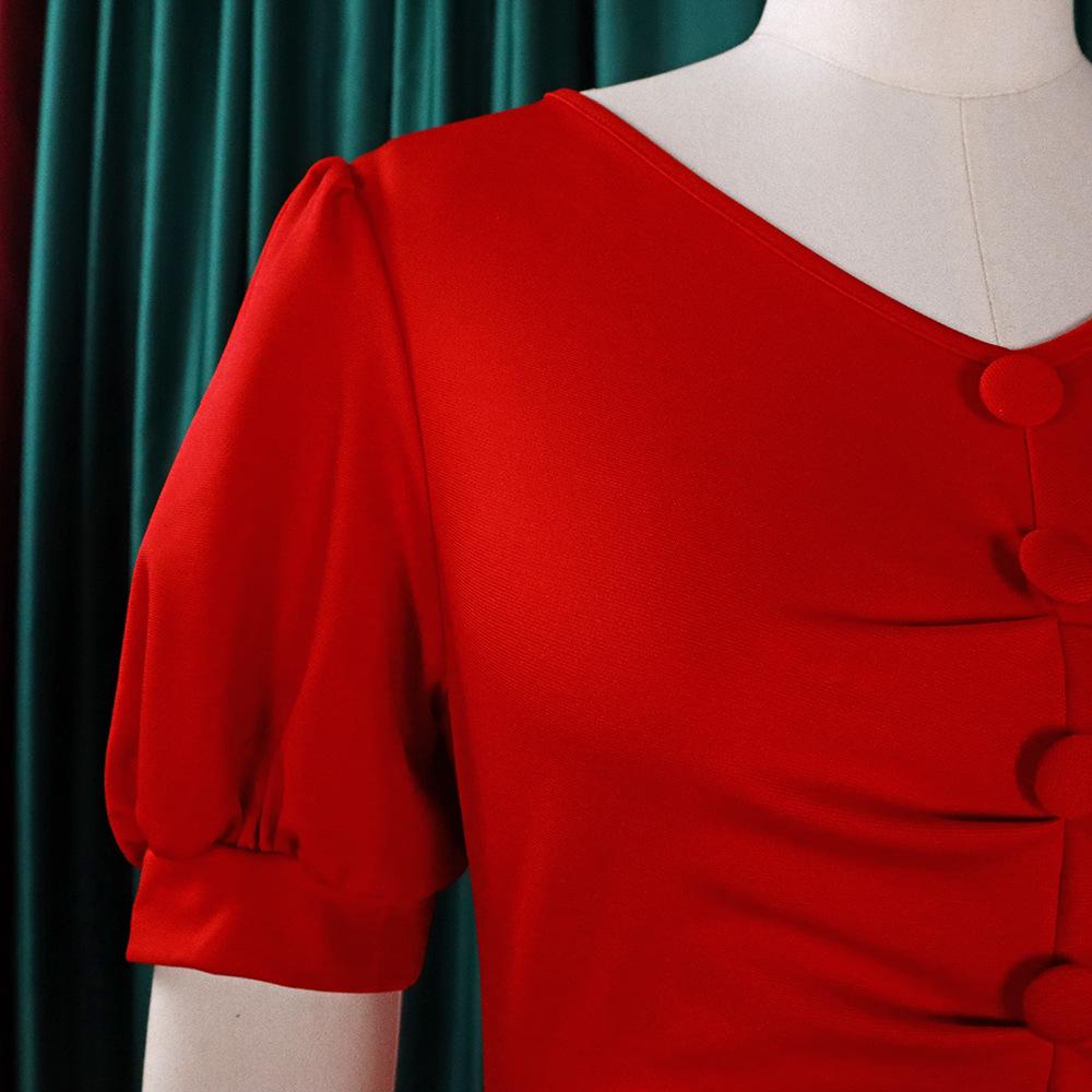 YYFS Women's Fashion Summer Spring Solid Color Print Short Sleeve V-Neck High Waist Casual Dresses