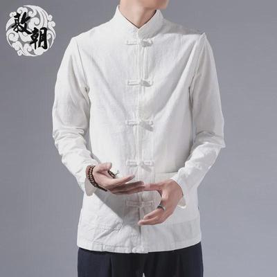 Pánská bílá košile ve stylu Tangu s dlouhým rukávem - Retro čínský styl Hanfu se stojáčkem a knoflíky