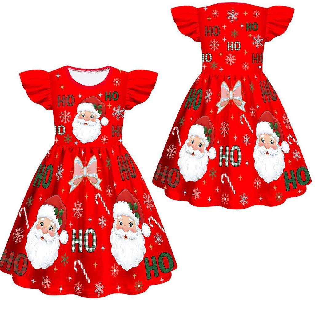 Kids Girls Cartoon Santa Claus Christmas Tree Elk Print Ruffle Sleevess New Year Dress