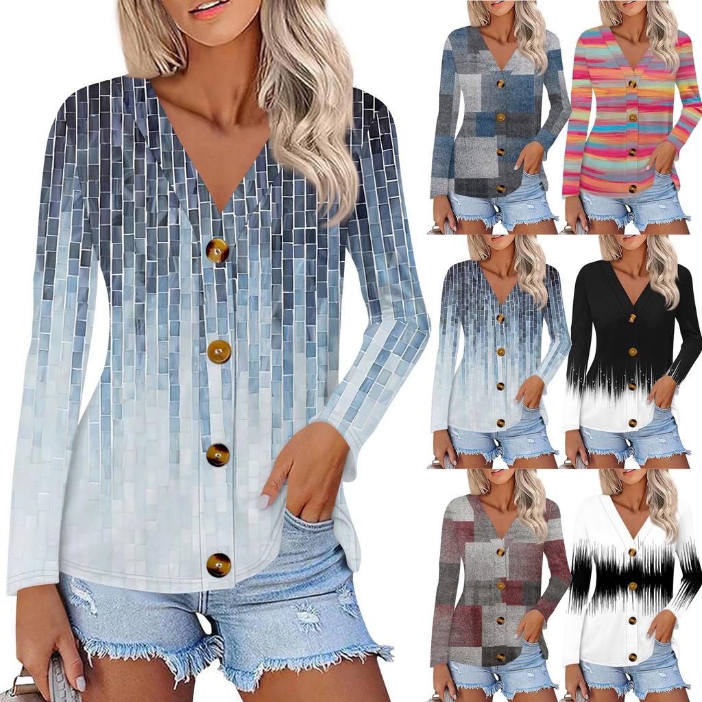 Women's Fashion Casual Print Button-down Shirt Long Sleeve Tops