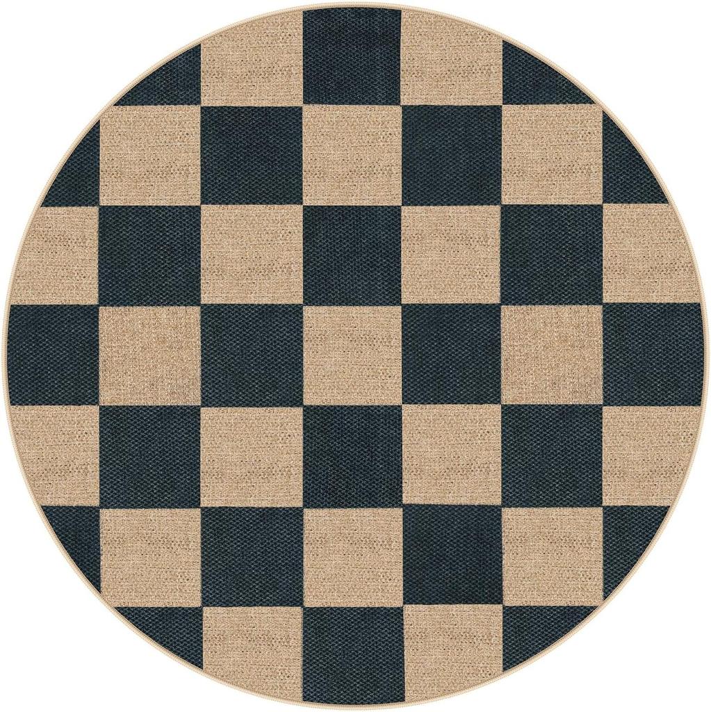 Minimalist Checkerboard Round Carpet Classic Geometric Square Pattern Rug Modern Home Non-Slip Mat for Living Room Decor