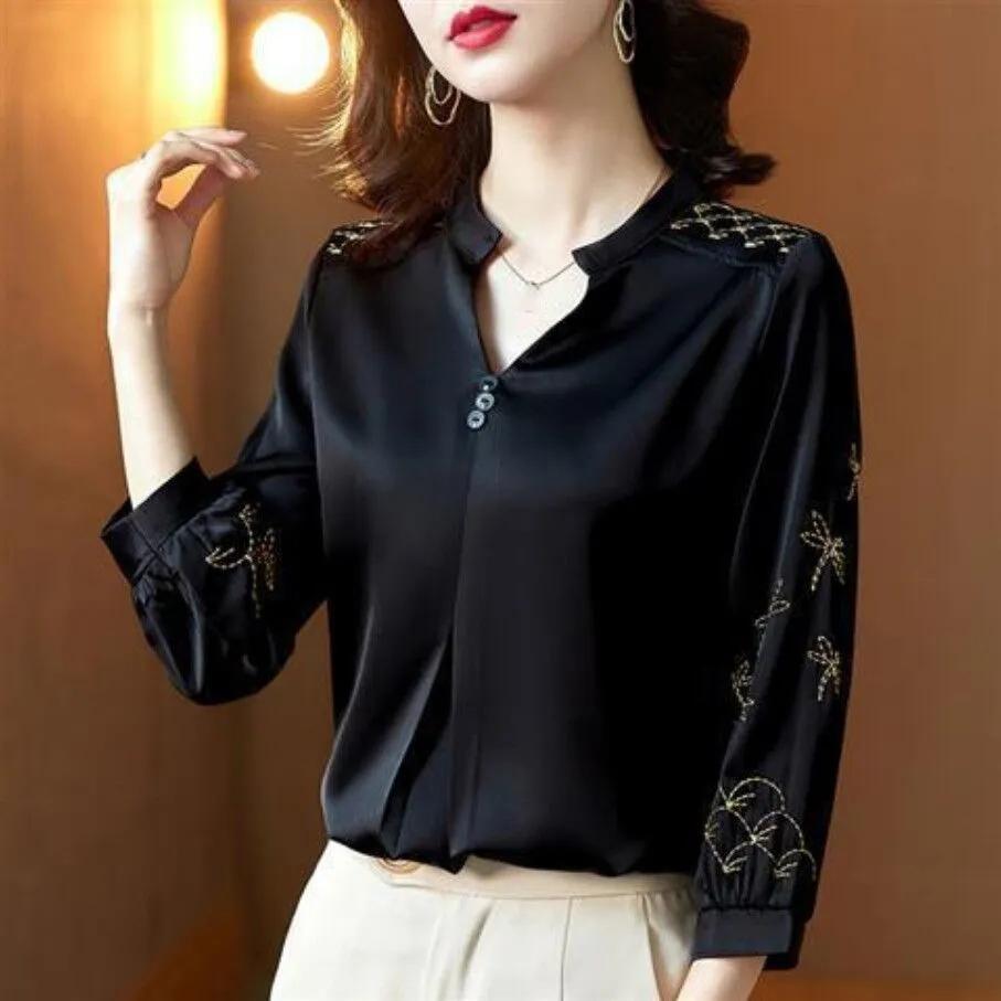 Spring Autumn Solid Colour Plus Size Women's Short Thin Section V Collar Seven Minute Sleeve Chiffon Shirt