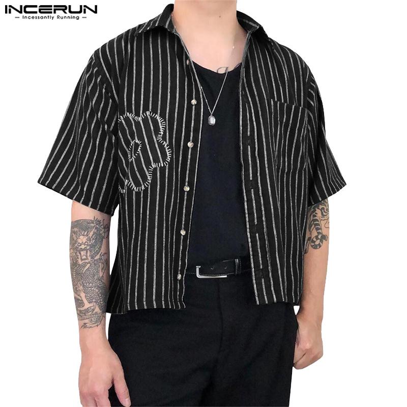INCERUN Cămăși scurte casual de vară pentru bărbați, supradimensionate, cu guler cu rever, mânecă scurtă, florale, cu dungi
