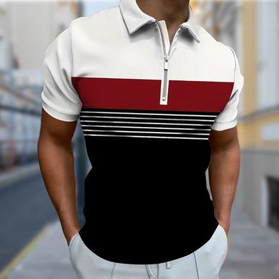Men's Shirt Polo Casual Zip Short Sleeve Fashion Casual Zipper Summer Spring Regular Fit Natural Color Splicing 3D Print Shirt