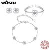 WOSTU Four-leaf Clover Moissanite Opening Ring Stud Earrings Chain Bracelet For Women 925 Silver Diamond Cut Wedding Jewelry Set