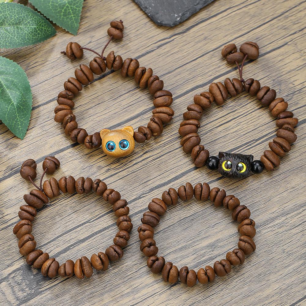 Handmade Natural Real Coffee Bean Bracelet Elastic Sandalwood Coconut Chip Wood Splicing Woven Jewelry Bracelet for Women