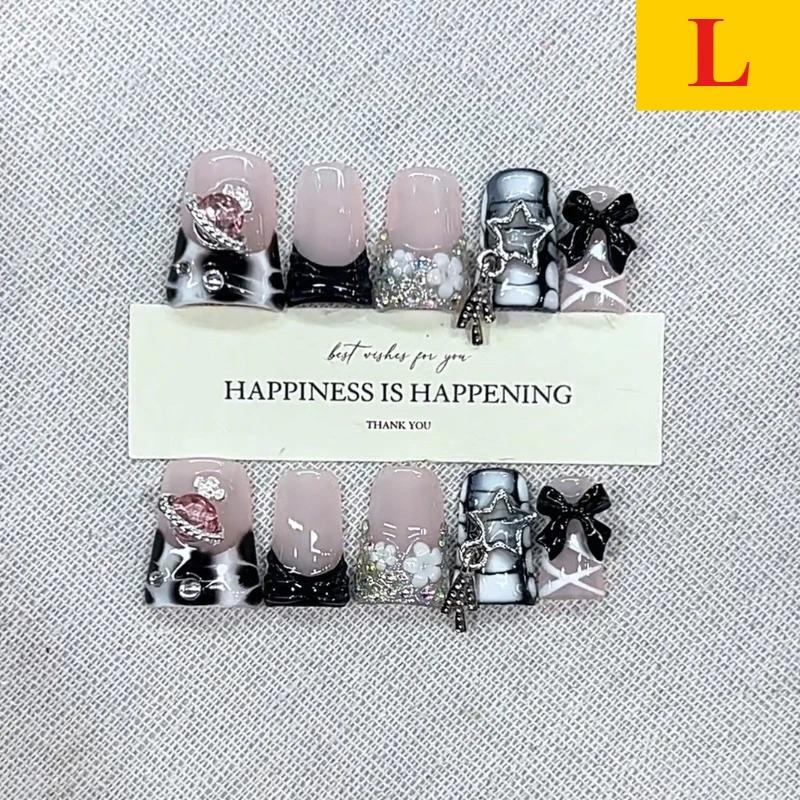 

10Pcs Short Black Duckbill Fake Nail Leopard Print Handmade Press on Nails with Shiny Rhinestone Decor Bowknots Nail Art