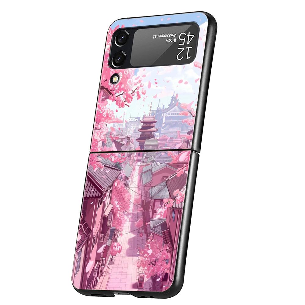 Pink Spring Cherry Blossoms Hard PC Phone Case For Samsung Galaxy Z Flip 5 4 3 Black Cover For Galaxy Z Flip 6 Shockproof Capas