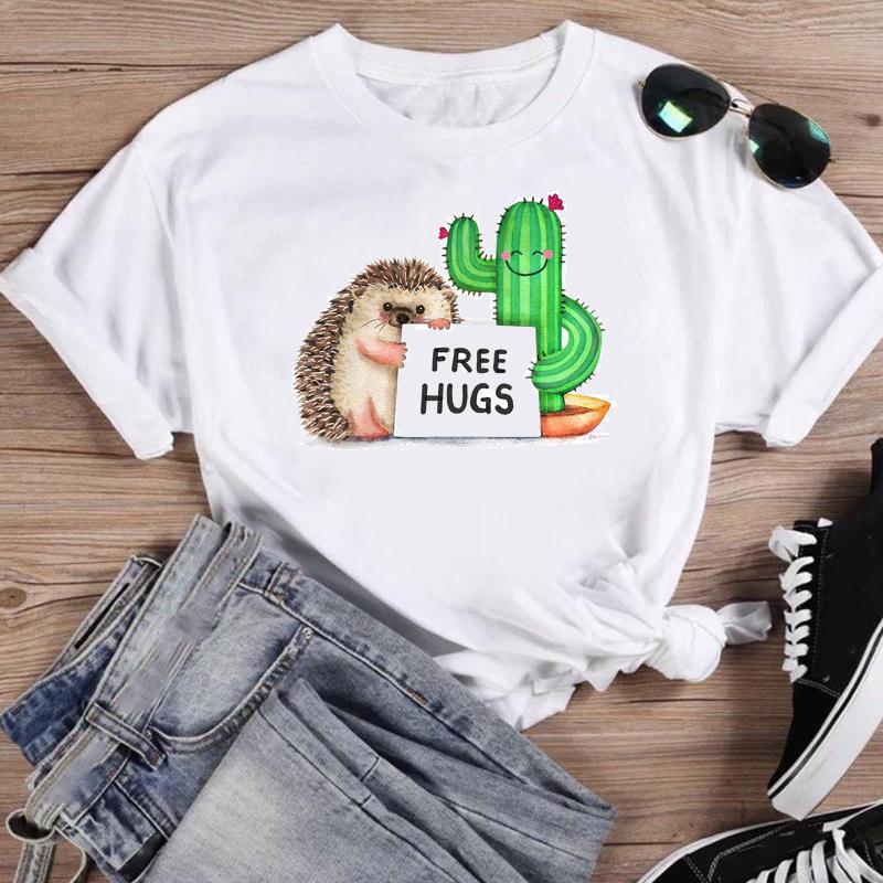 (Asian Size) Short Sleeve Print Cactus Trend Lovely Style Female T Clothing Summer Top Casual Ladies Graphic Tee Women's Fashion T-shirt