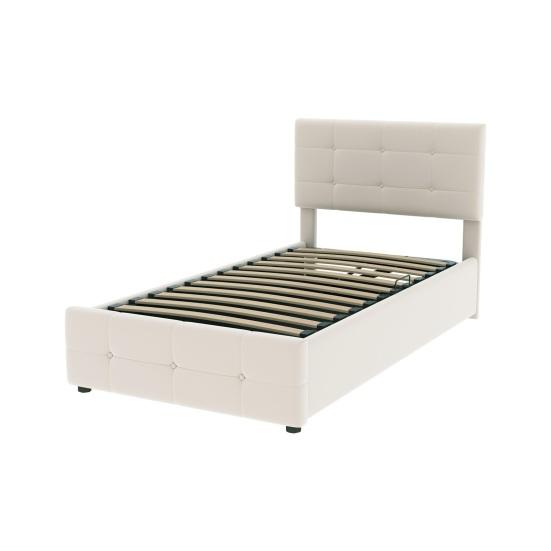 Paturi Copii 90 x 200cm Tapițerie Tăblie Reglabilă pe Înălțime Spațiu Mare Ergonomic Depozitare Hidraulică