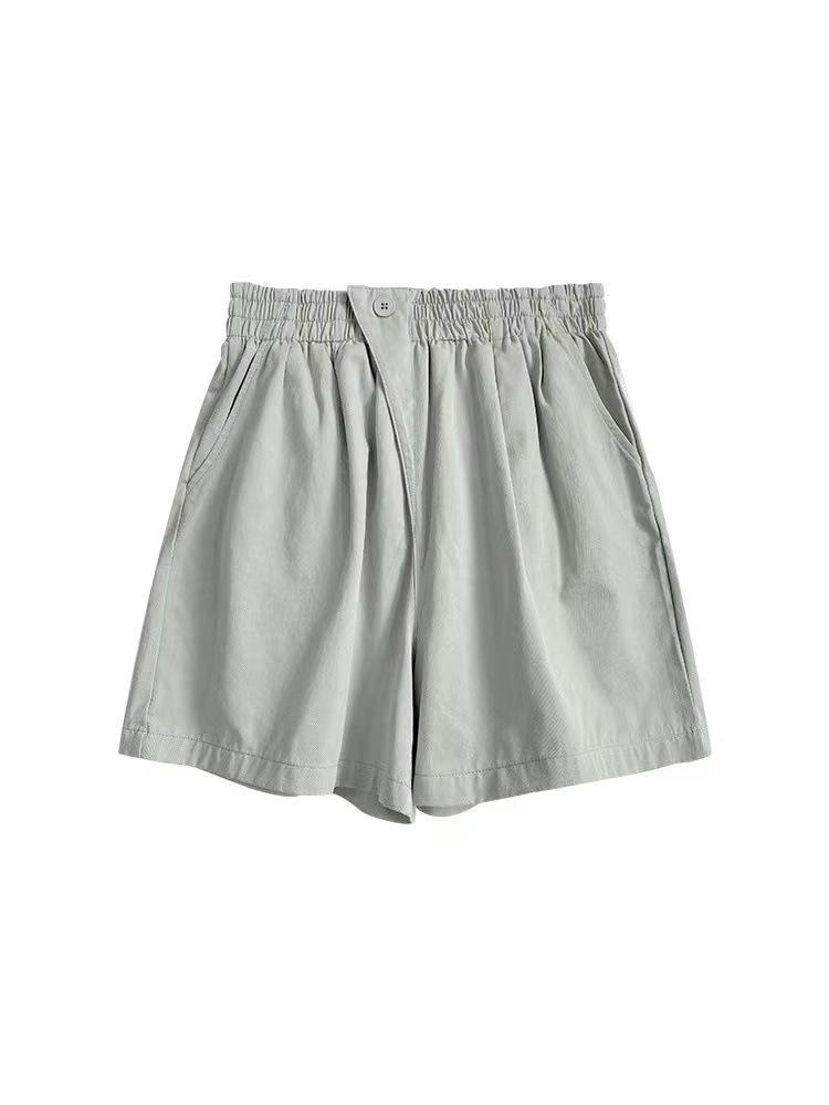 [Washed] Summer Wide-leg Shorts Women's Elastic High-waisted One-button Casual Five-point Medium Pants
