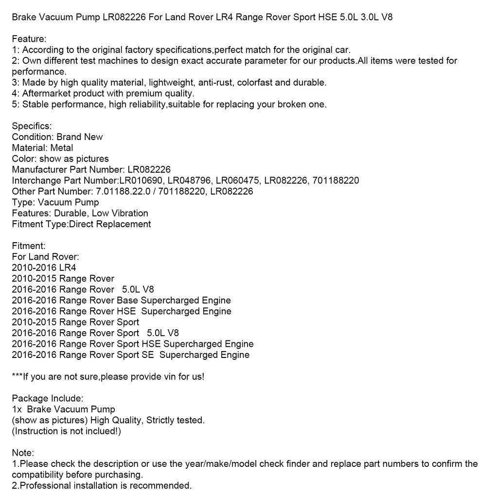Brake Vacuum Pump LR082226 For Land Rover LR4 Range Rover Sport HSE 5.0L 3.0L V8