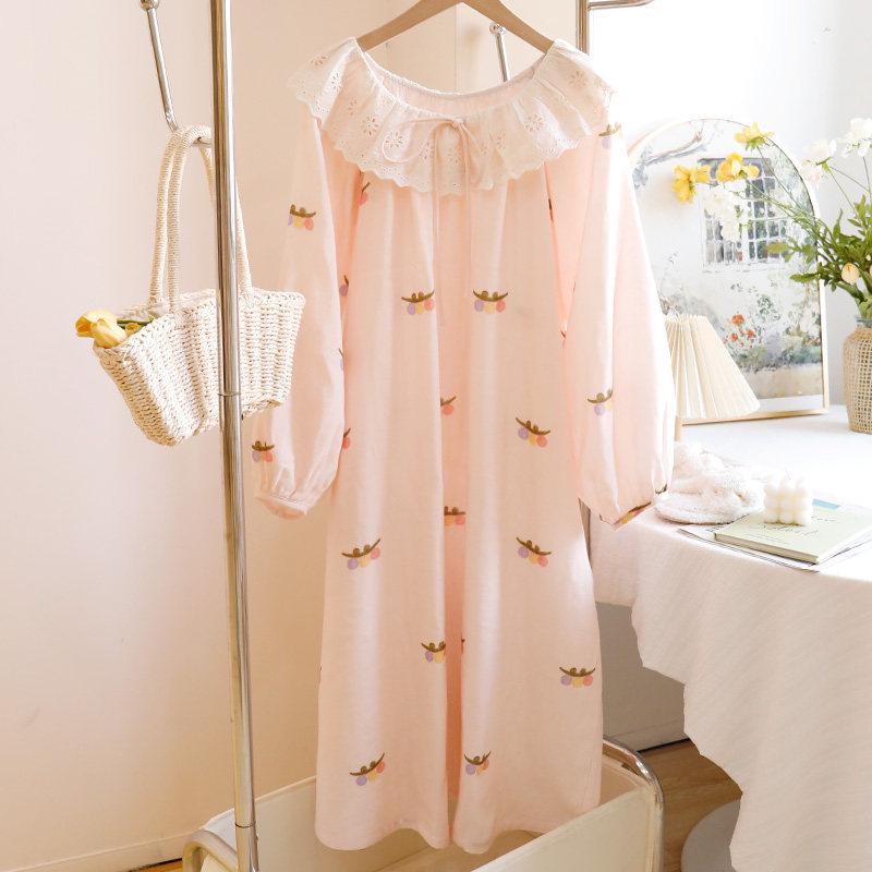 Women's Cloud Cotton Midi Pajama Dress - Fresh Lace, One Size, for Spring & Autumn