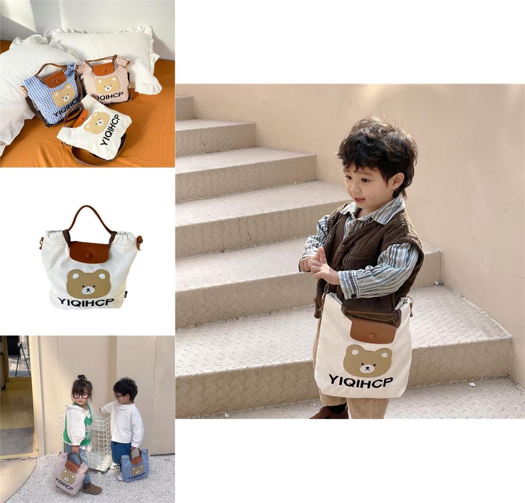 Adorable Kids Bear Pattern Gingham Tote Bag Stylish Springtime Crossbody For Girls