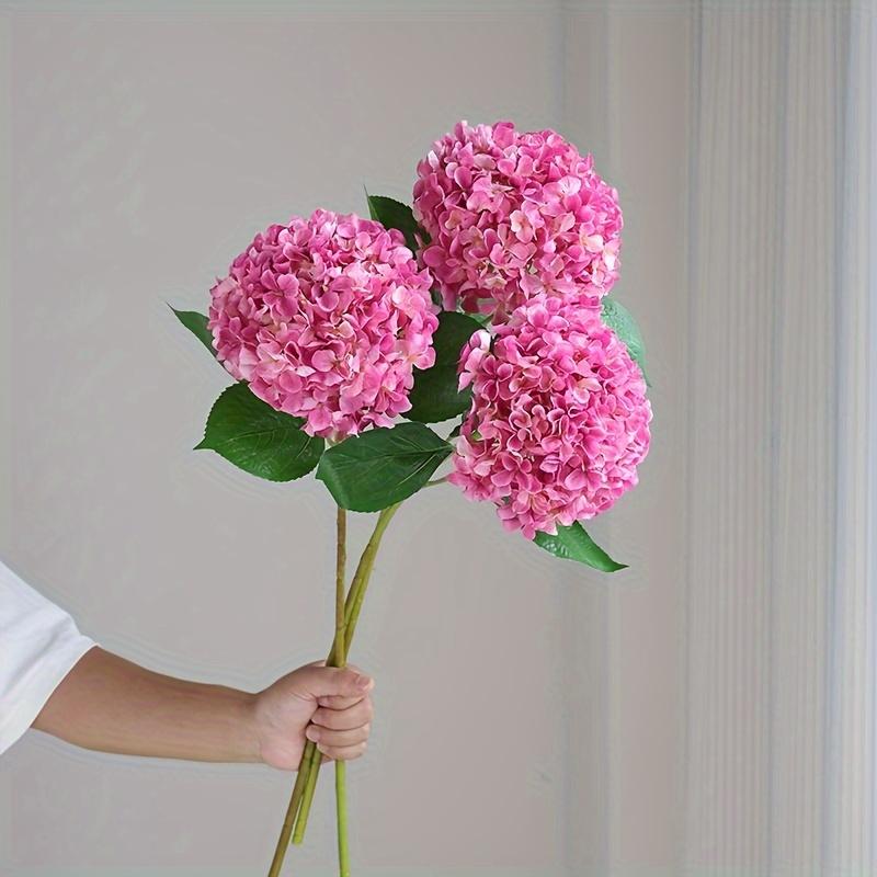 Vibrant Pink Artificial Flowers - 3pcs Realistic Hydrangea Bouquet with Green Stems - for Home, Wedding, Office, and Holiday Decor
