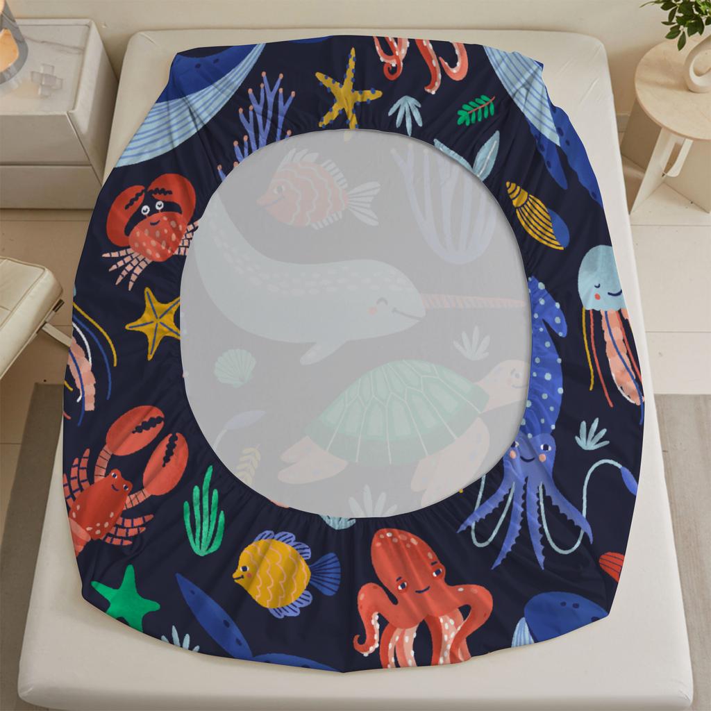3pcs 100% Polyester Fitted Sheet Vibrant Playful Cartoon Style Set Sea Creatures Pattern Print Design Bed Sheet With Pillowcases