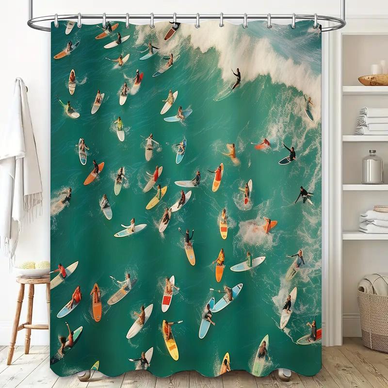 Ocean Wave Shower Curtain Blue Sea Beach Pattern Bathroom Decor Waterproof Fabric Liner Coastal Vibes Home Textile Wall Hanging