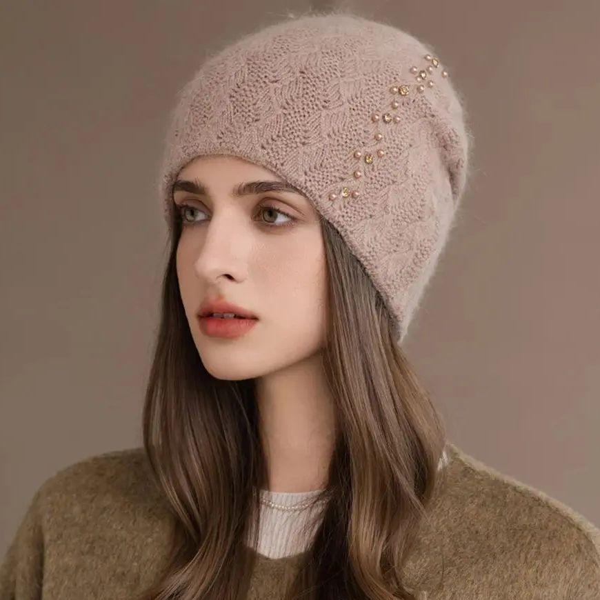 New Style Winter Women Hat Decorate Beanie Hat Rabbit Fur Blend Warm Winter Cap Y2K Female Casual Streetwear Knitted Hat