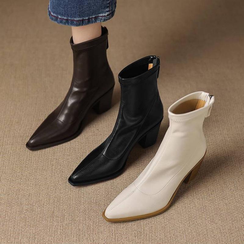 New Women's High-heeled Leather Boots Solid Color Rear Zipper Fashion Boots Autumn and Winter Leather Square Heel Comfortable Large Size Women's Boots