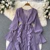 YYFS Women's Fashion Spring Fall Solid Color Print Long Sleeve V-Neck High Waist Casual Dresses