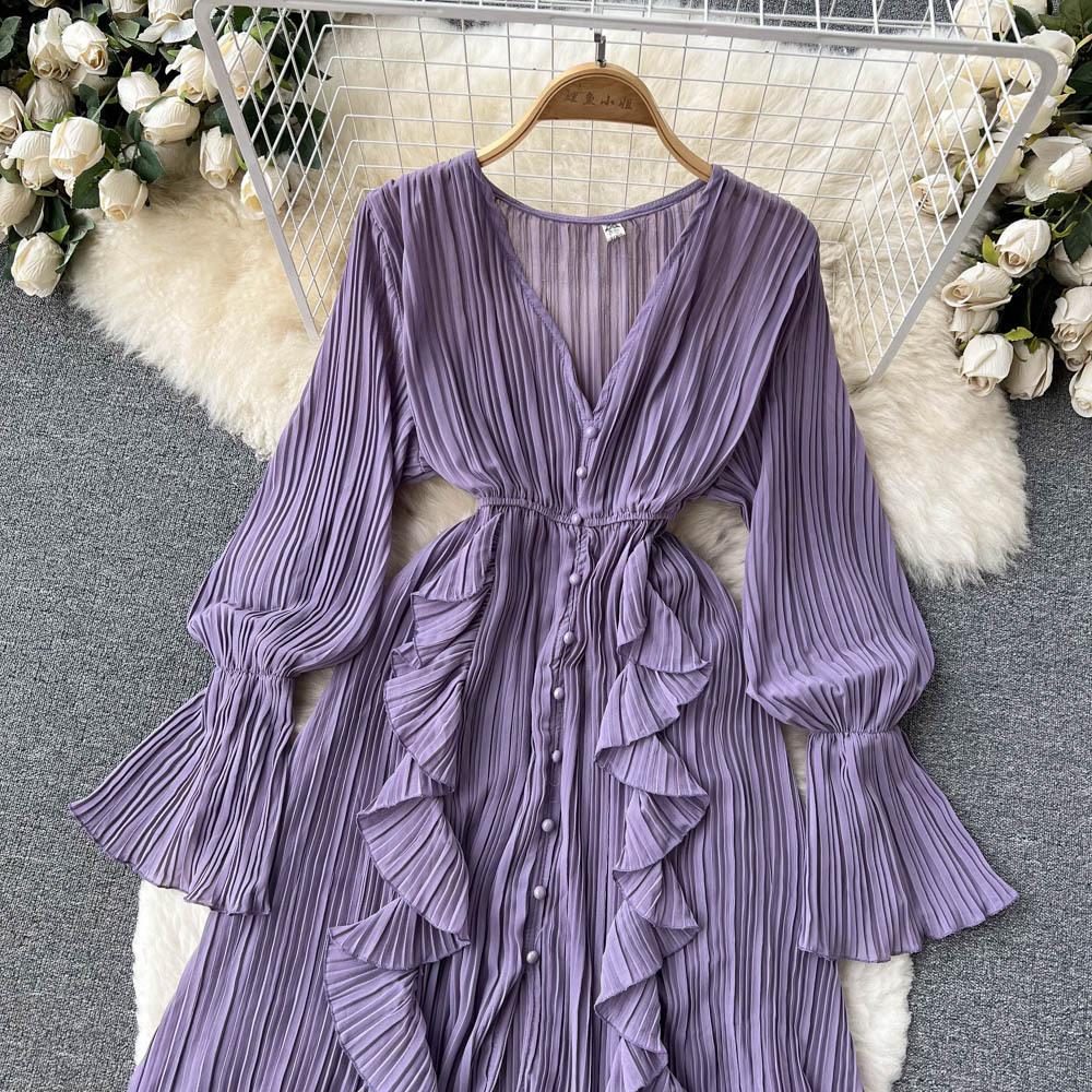 YYFS Women's Fashion Spring Fall Solid Color Print Long Sleeve V-Neck High Waist Casual Dresses