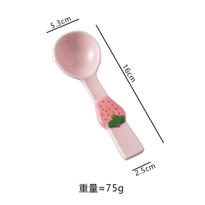 Cute strawberry bow spoon creative girl heart ceramic spoon high value long handle dessert spoon Strawberry spoon pink