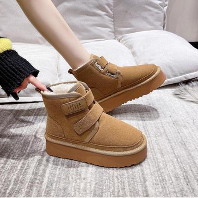 Winter Outdoor Women Ankle Snow Boots Ladies Plush Warm Shoes Classic Ultra Platform Cow Suede Furry Hook & Loop Flat Booties
