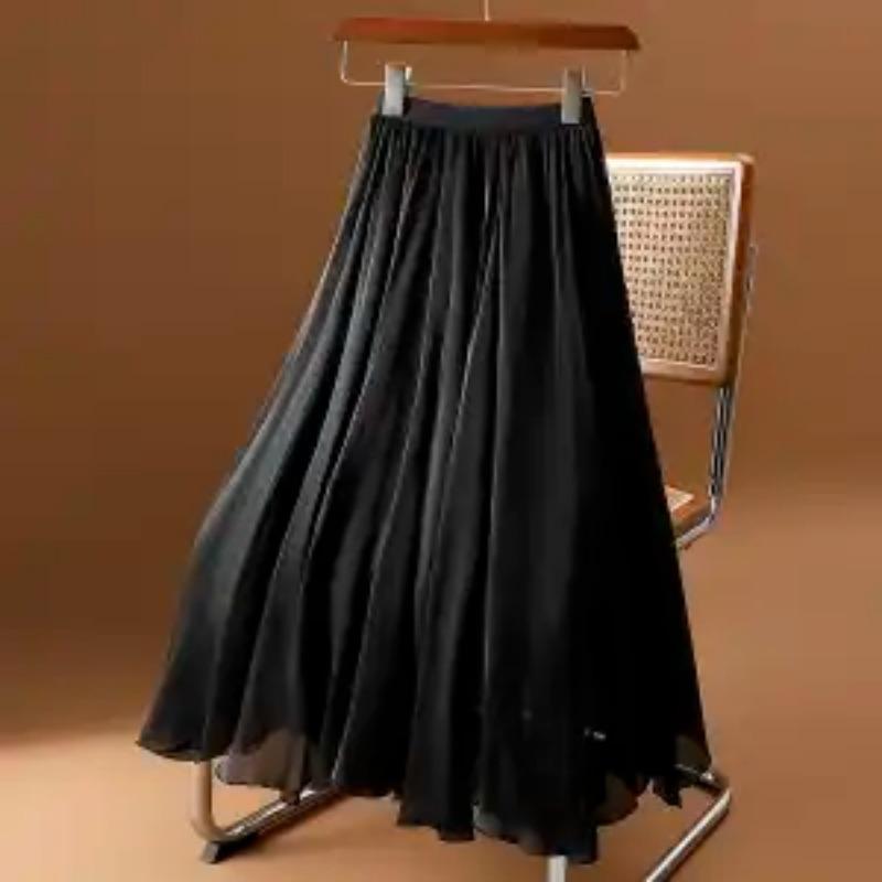 Spring Summer Chiffon Maxi Flowy Ruffle Hem Elastic Waist Long Skirt for Casual