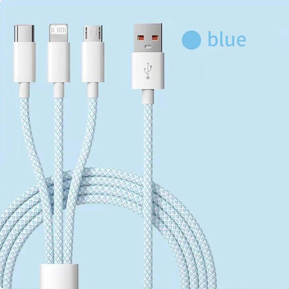 

6A 3 в 1 USB Type C кабель 66 Вт сверхбыстрые зарядные кабели для Huawei Xiaomi Samsung OPPO Lightning кабель для передачи данных для iPhone 1.2/2/3M 1.2 m синий