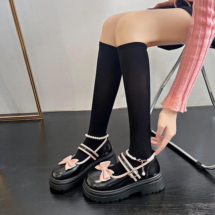 Women Kawaii Lolita Shoes Japanese Style Vintage Student Girls Pearl Bow Comfort Pumps Round Head Platform High Heels