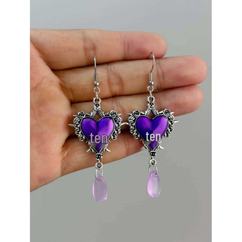Dark Gem Blood Red Gothic Heart Rose Thorn Earrings - Original Halloween Design