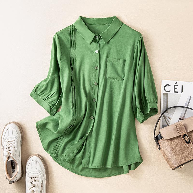 Elegant Women s Ramie Five-Sleeve Summer Shirt - Chic, Loose, and Comfortable Linen Top XL зелёный