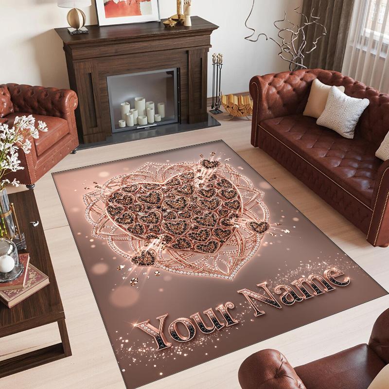 Hearts Theme Crystal Velvet Floor Rug Personalized Custom Name Text Warm Carpet Home Decoration