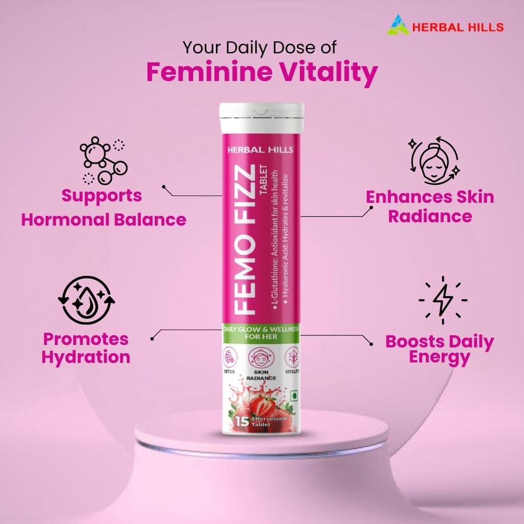 Herbal Hills Femo Fizz Täglich Fitness Brausetabletten für Frauen mit L-Glutathion & Hyaluronsäure für strahlende Haut - 15 Brausetabletten