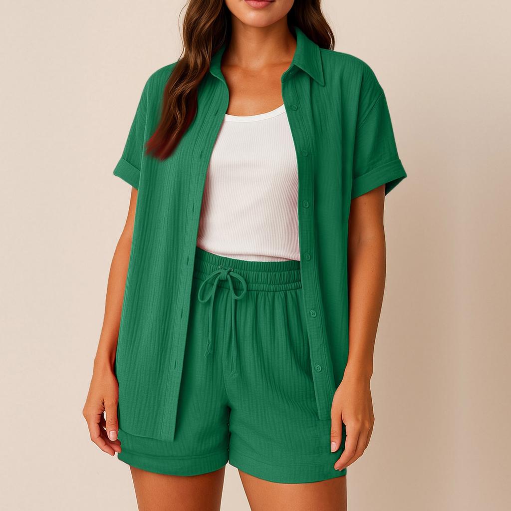 Women's Casual And Fashionable Solid Color Lapel Short Sleeved Shirt Top, High Waisted Drawstring Shorts Set
