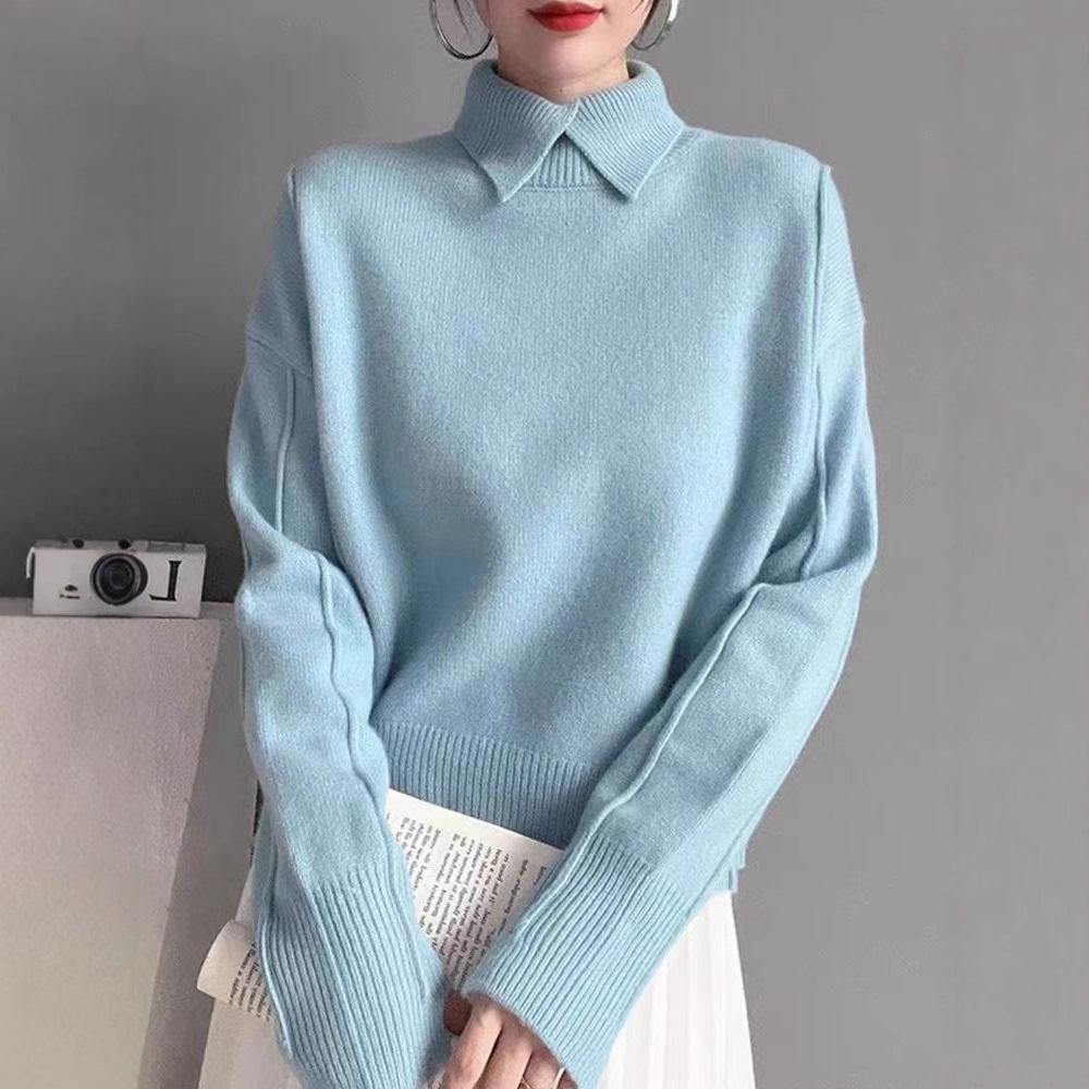 Solid-color Sweater Women Loose Long-sleeved Pullover with Lapel Paired with Turtleneck Loose Knitted Base Layer Top