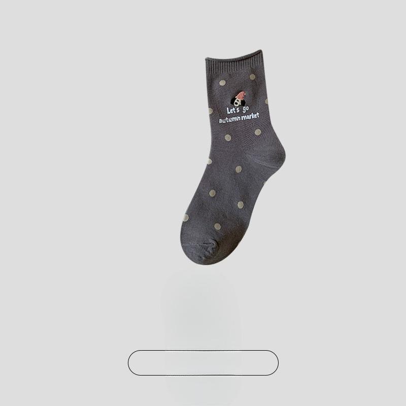 Ladies Fall New Polka Dot Cartoon Puppy Embroidered Sweat Absorbing Breathable Boneless Mid Tube Socks